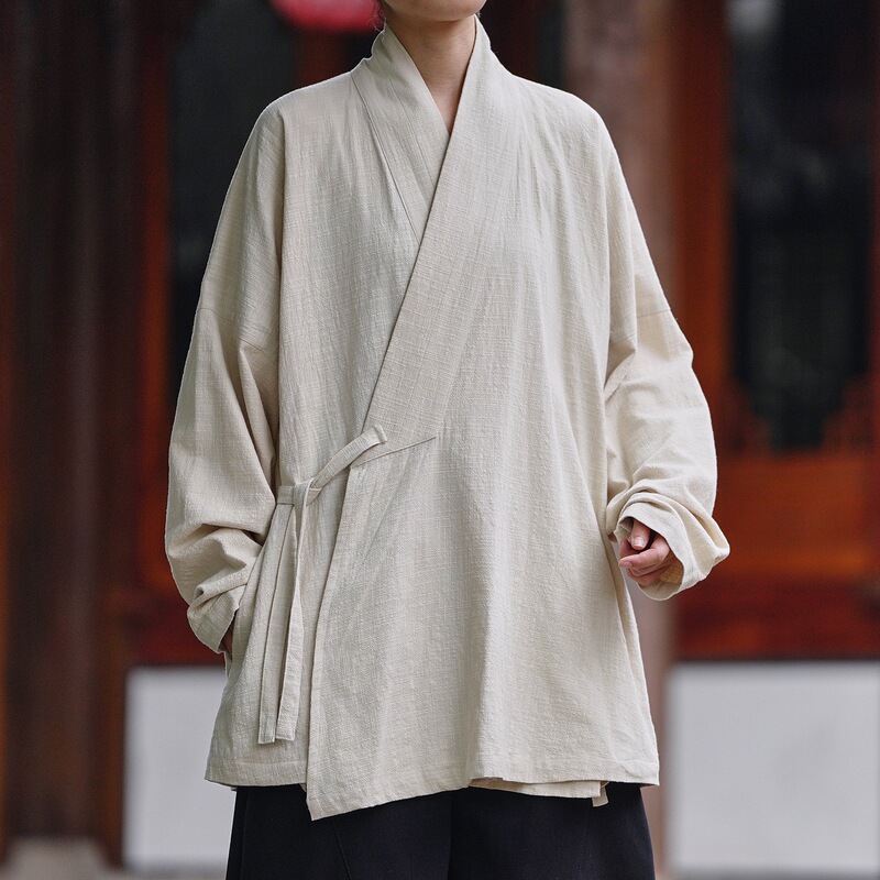 New Chinese-style modified Hanfu men's long-sleeved cross-collar tie-up robe, loose-fitting Zen-inspired layman's clothing, made of coarse cloth New Chinese-style modified Hanfu men's long-sleeved cross-collar tie-up robe, loose-fitting Zen-inspired layman's clothing, made of coarse cloth