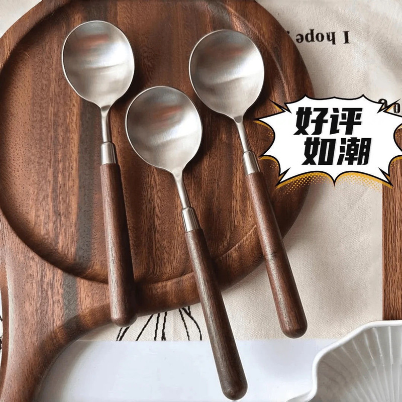 模造クルミ木目フォークとスプーン家庭用丸スプーンステンレス鋼スプーン個人用食事スプーン飲料スプーン洋食スプーン|undefined