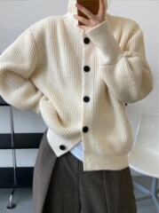 现货  法式设计感高领宽松慵懒风单排扣长袖针织毛衣  三色
