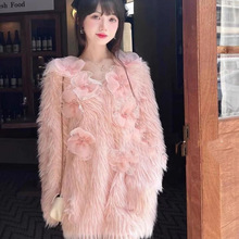秋冬季宽松重工钉珠花朵针织连衣裙甜美大码加厚仿水貂绒毛衣女
