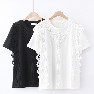 大码女装胖MM甜美蕾丝花边短袖上衣夏季宽松显瘦洋气圆领T恤H7067|ru