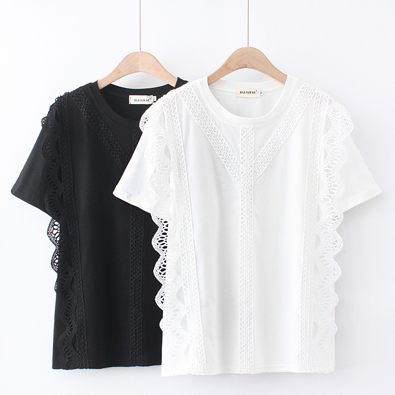 大码女装胖MM甜美蕾丝花边短袖上衣夏季宽松显瘦洋气圆领T恤H7067|ru