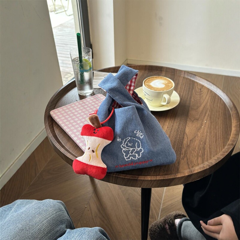 Korean Style Cute Denim Puppy Embroidered Hand Bag for Going Out Portable Large Capacity Handbag for Work Lunch Bag
