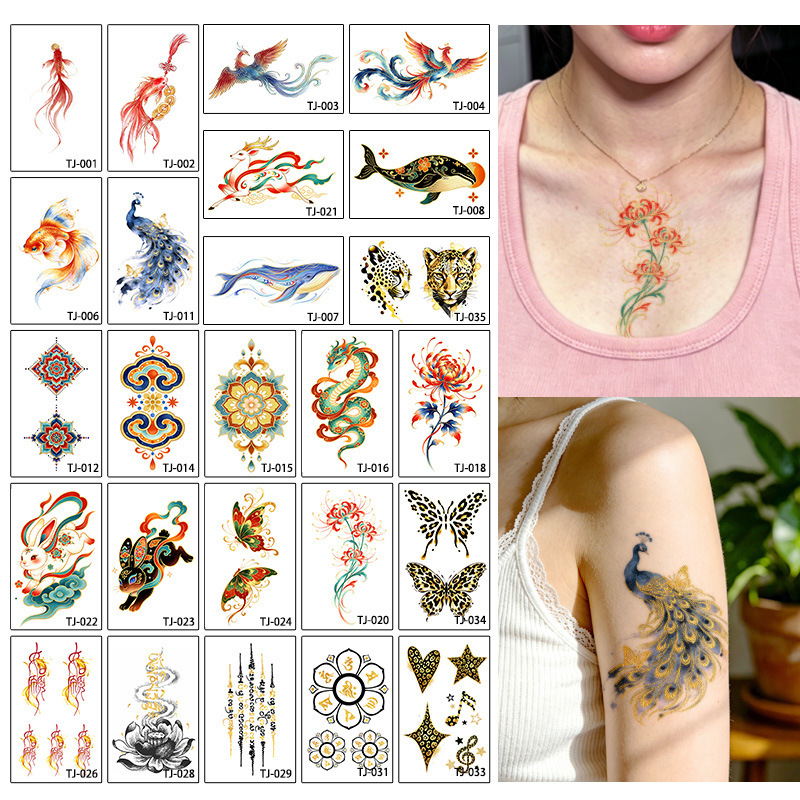 New Chinese-Style Gold-Stamped Colorful Tattoo Stickers with Phoenix and Koi Designs, Featuring a National Style Inspired by Dunhuang, Suitable for Arms and Collarbones, Beautiful, Waterproof, and Long-Lasting Stickers
