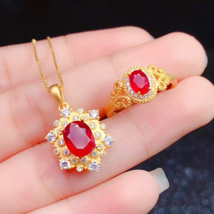 New gold plating rings inlaid simulation Ringed Ring female living mouth pendant necklace set live broadcast hot sale