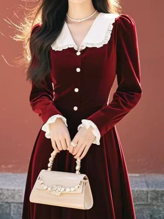 娃娃领金丝绒红色连衣裙女2025新款秋冬新款微胖掐腰裙a字中长裙|undefined
