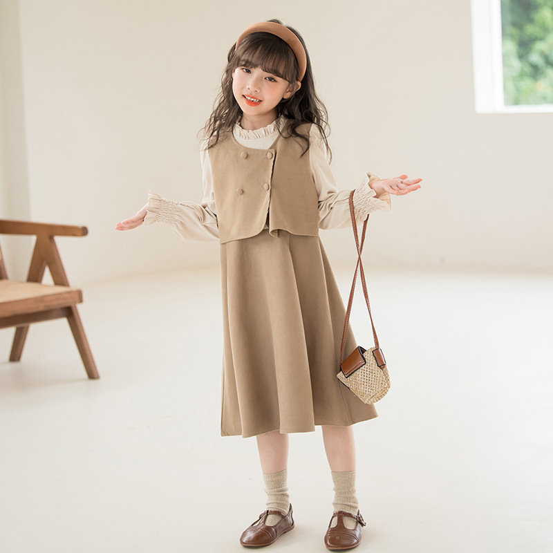 女の子ワンピース 秋冬 2025年新作 韓国風 おしゃれ カジュアル 女児 中高生 カラーブロック フェイクツーピースセット 卸売