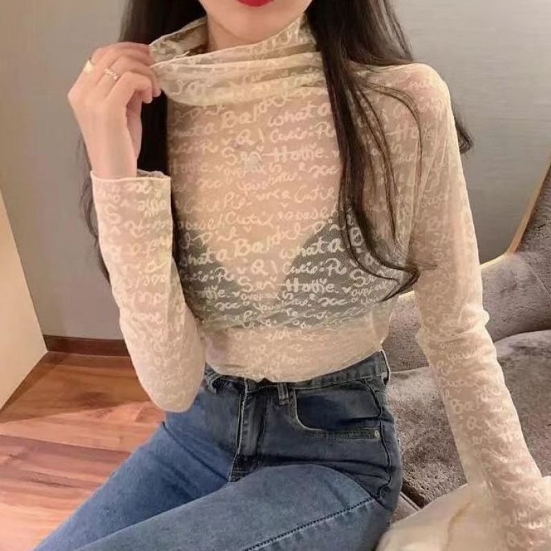 Hot Girl Style Embroidered Mesh Long-sleeved Base Shirt Women's Spring Niche Chic BLOUSE Tight Waist Slimming Transparent Lace Shirt