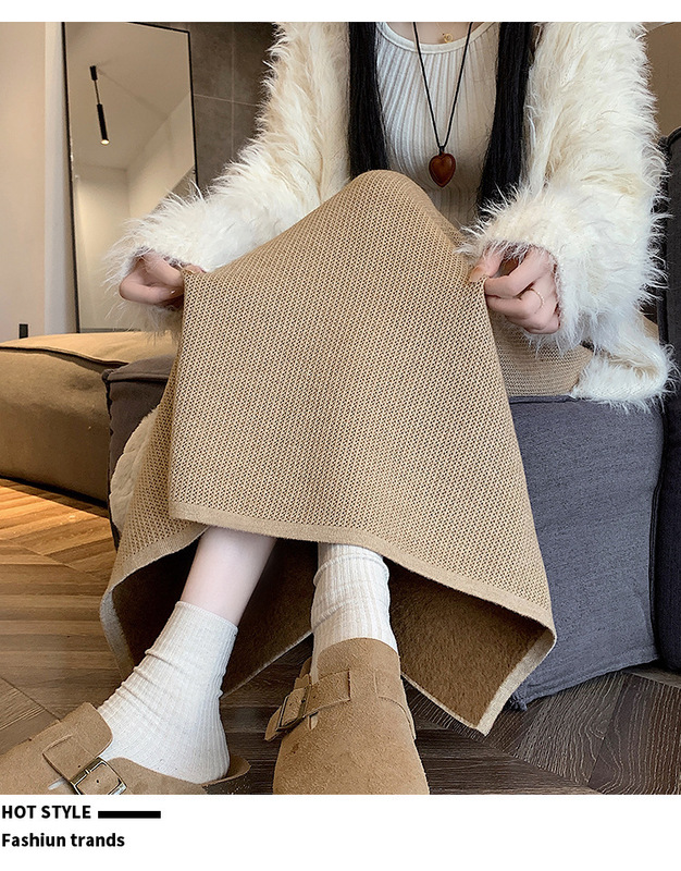 ベルベットの厚いニットのスカートの女性秋冬の新しい小柄なストレートのフォークのスカートのa字のお尻の長いスカート|undefined