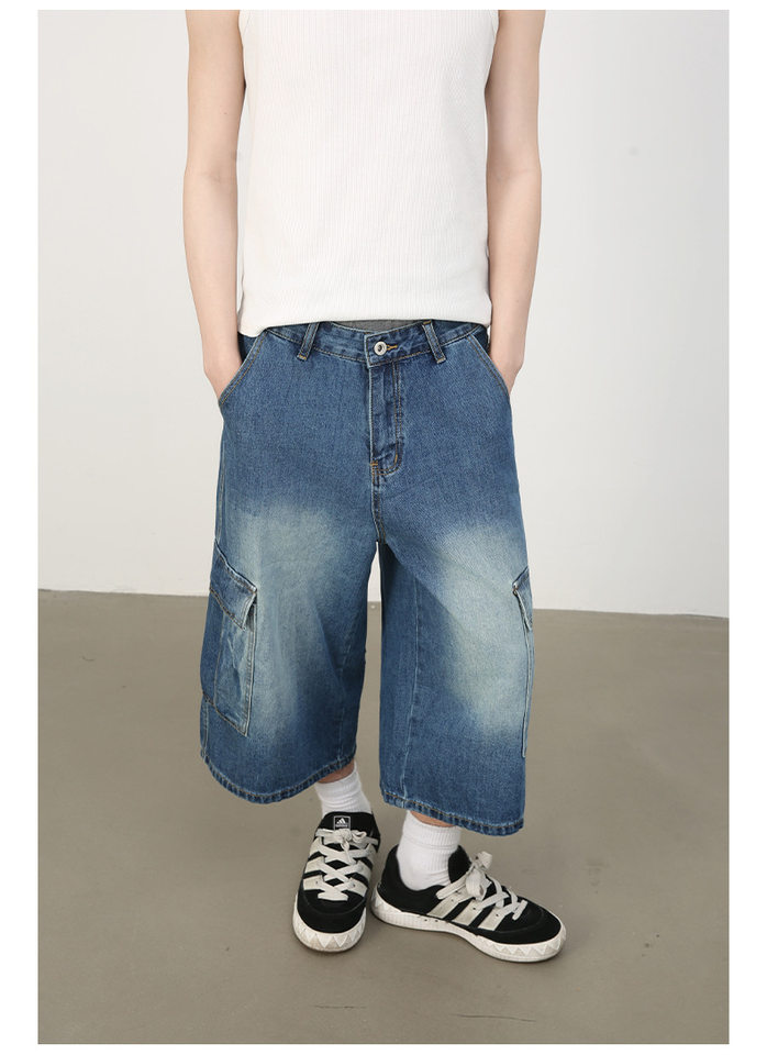 Quần short jean nam ống rộng nhiều túi phong cách hip-hop đường phố, quần lửng mùa hè — Màu xanh lam, Xanh lam làm cũ, Xanh lam nhạt chi tiết 8