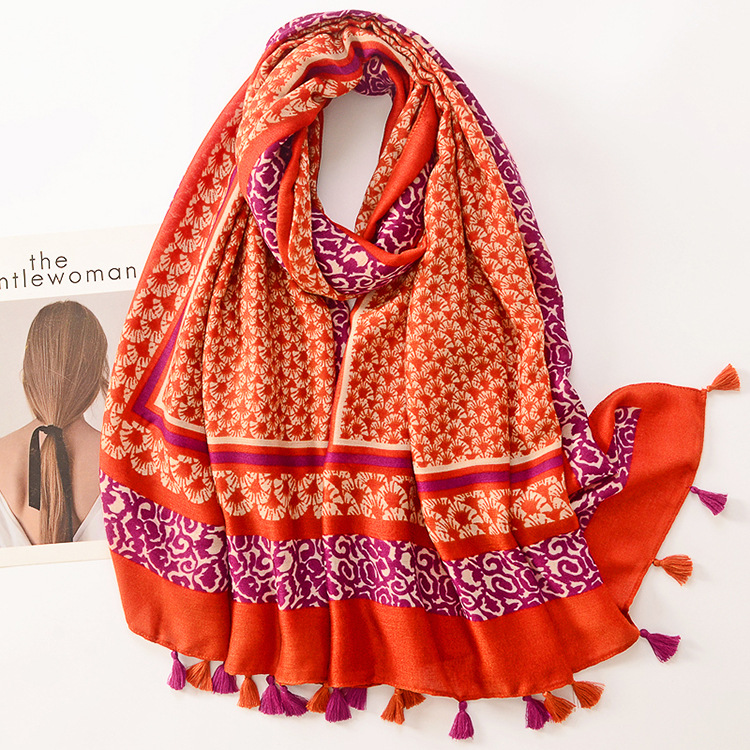 Nuevo comercio exterior retro algodón y lino sensación bufanda totem marco borde hojas larga borla bufanda otoño e invierno cálido chal