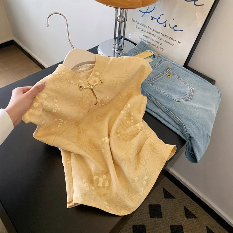 New Chinese Style Jacquard Embroidered Stand Collar Flutter Sleeve Shirt with a Sense of Design for Women in Yellow Dopamine Top