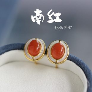 Factory wholesale natural Sichuan cherry red south red earrings antique clothing accessories female S925 sterling silver jewelry