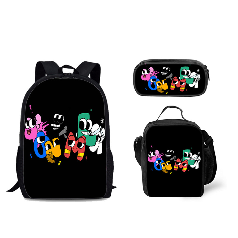 Venta al por mayor Alphabet Lore mochila escolar bolsa de hielo letra leyenda estudiante mochila bolsa de comida bolsa de tres piezas