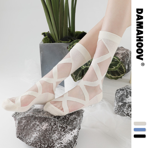 Summer new product, thin, fresh glass silk crystal socks, transparent stockings, socks, women's anti-slip breathable mid-tube socks