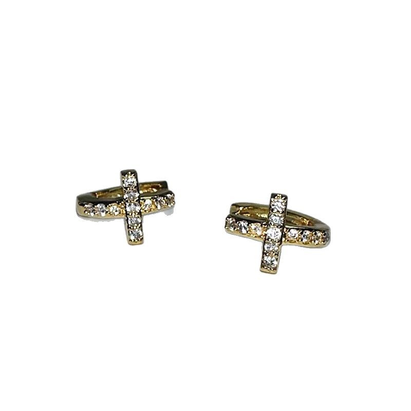 S925 Sterling Silver Gold Plated Shiny Diamond Ear Buckle Mini Cross Distinctive Earring Stud European and American All-match Ear Buckle Women