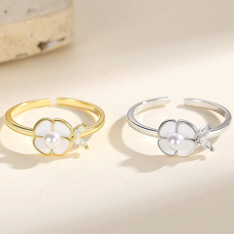 Francés perla Camelia de alto grado abierto anillo femenino de plata esterlina s925 anillo de diseño de nicho femenino moda al por mayor