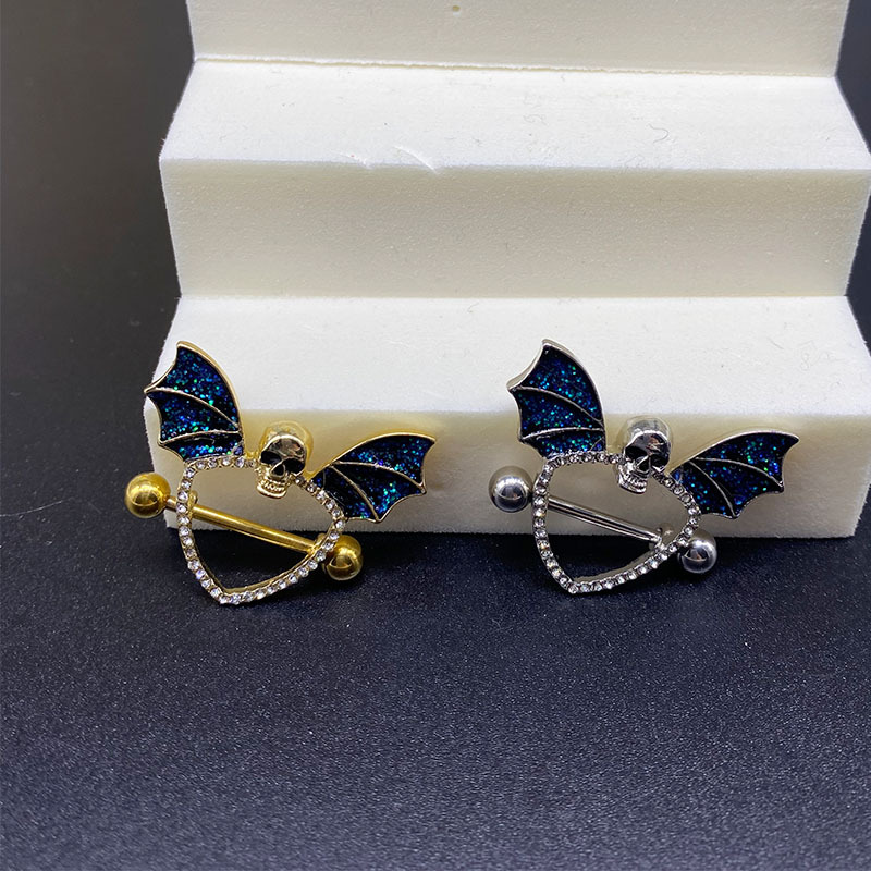 10g Weight Zircon Inlay Material Streetwear Bat Skull Alloy Plating Inlay Zircon Nipple Ring