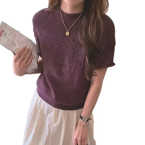 Minimalist style threaded short-sleeved sweater sweater for women's autumn and winter 2026 new style semi-high collar small soft waxy top trend