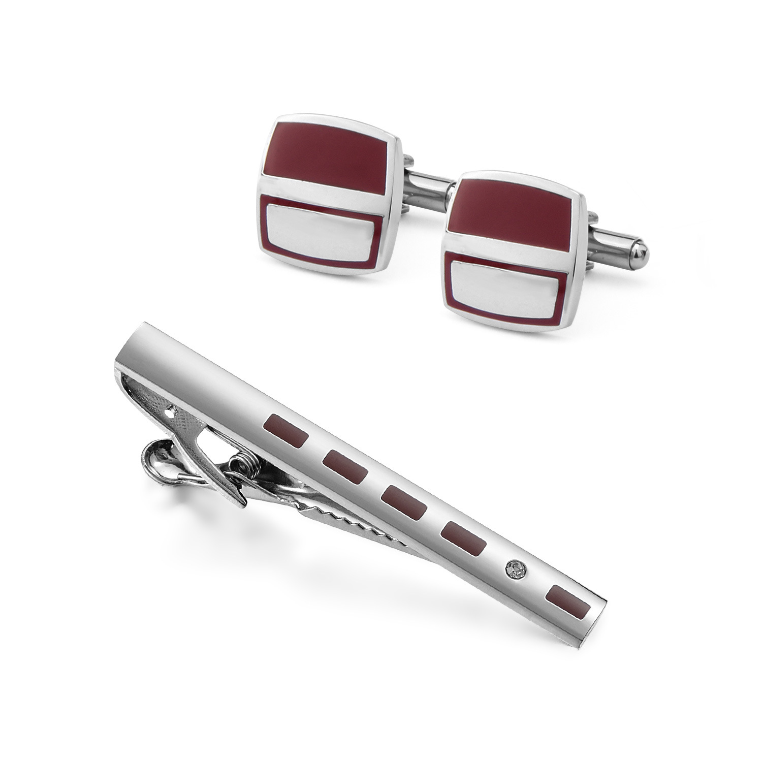 Dai Li new European and American men's high-end tie clip cuff set wine red diamond collar clip enamel cuff nail