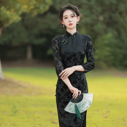 Black wine retro chinese dress qipao with side slits Chinese style retro stand-up collar elegant double layer improved cheongsam