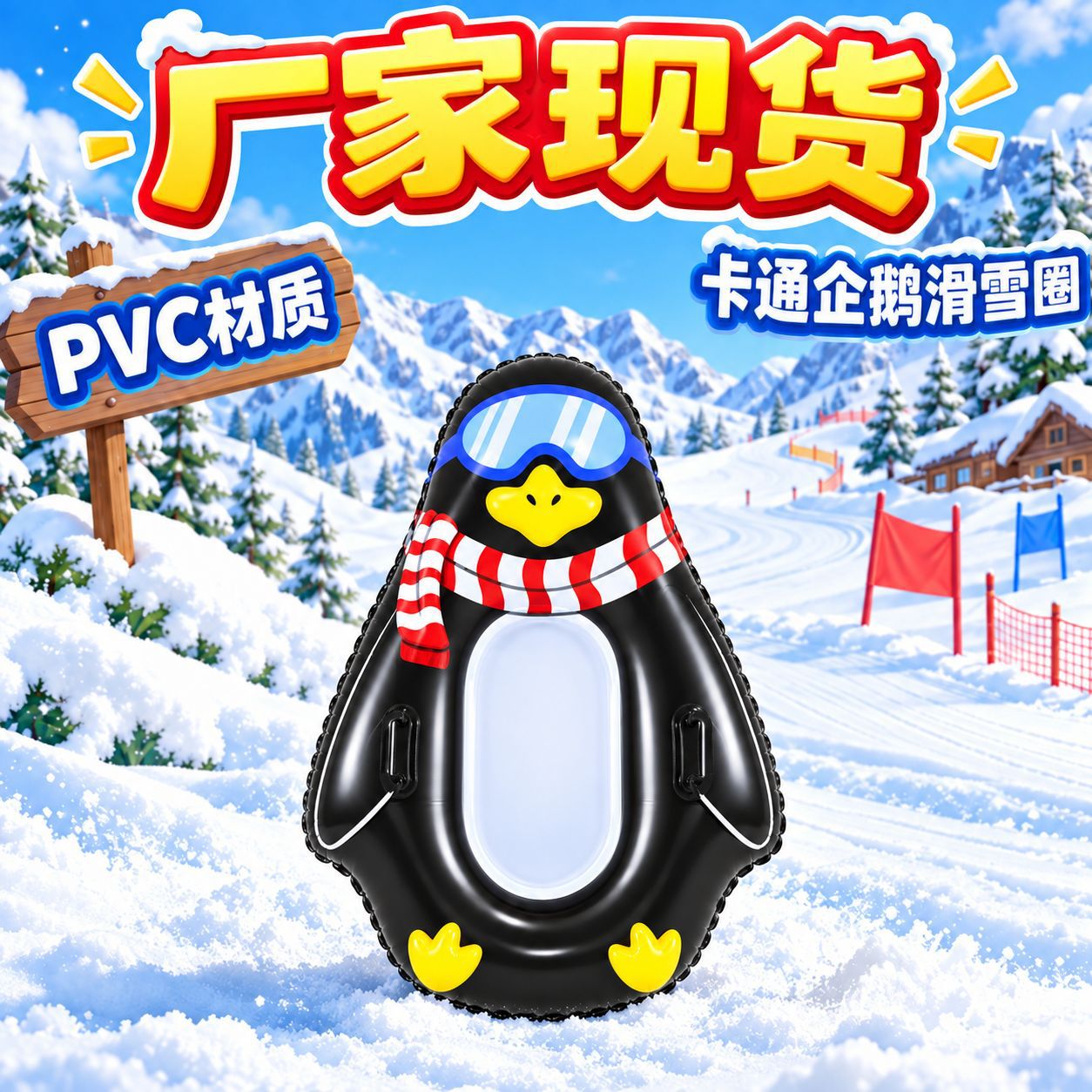Directly from the manufacturer, in stock: Penguin-shaped, easy-to-store, winter outdoor inflatable toy with handle, perfect for skiing