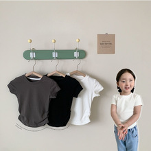 夏季2024新款儿童韩版简约褶皱设计T恤百搭纯色短袖上衣0164A008