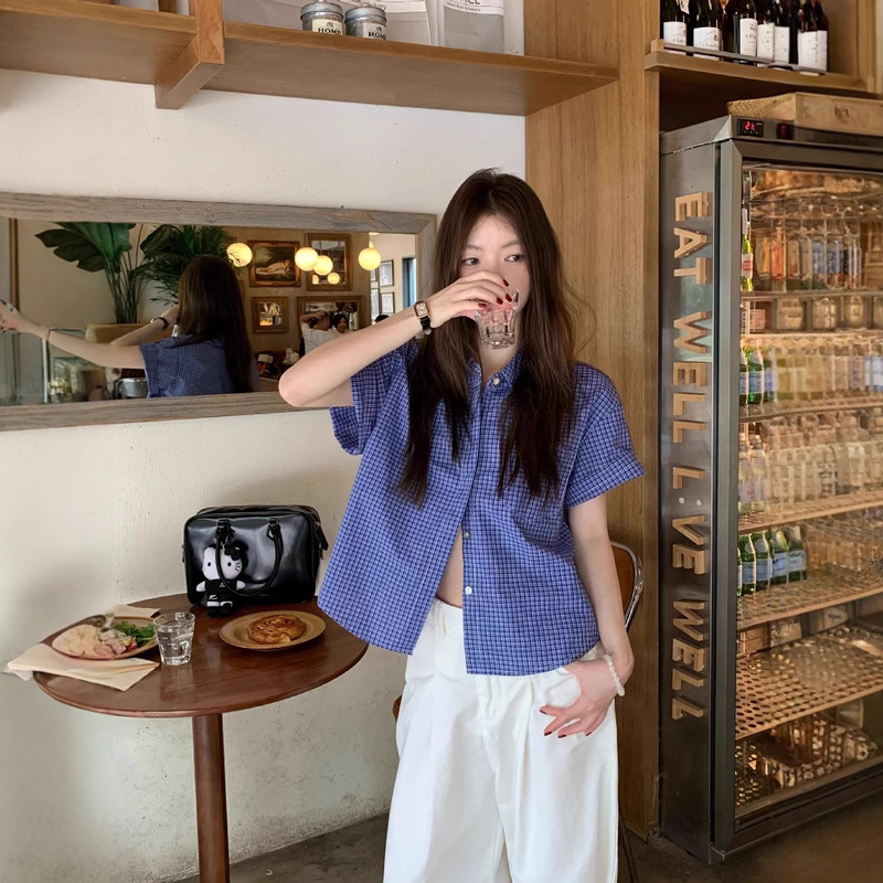 Blue Casual Plaid Short-Sleeved Shirt for Women Summer Loose Lapel Niche American Retro College Style New Top