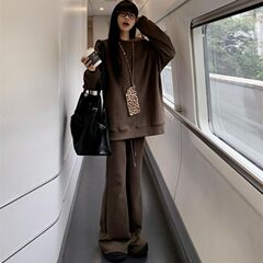 休闲运动套装女装春秋韩系慵懒风斜肩长袖修身卫衣微喇裤子两件套