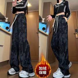 扎染水墨灯芯绒休闲裤子女秋冬季新款直筒裤宽松显瘦加绒百搭卫裤