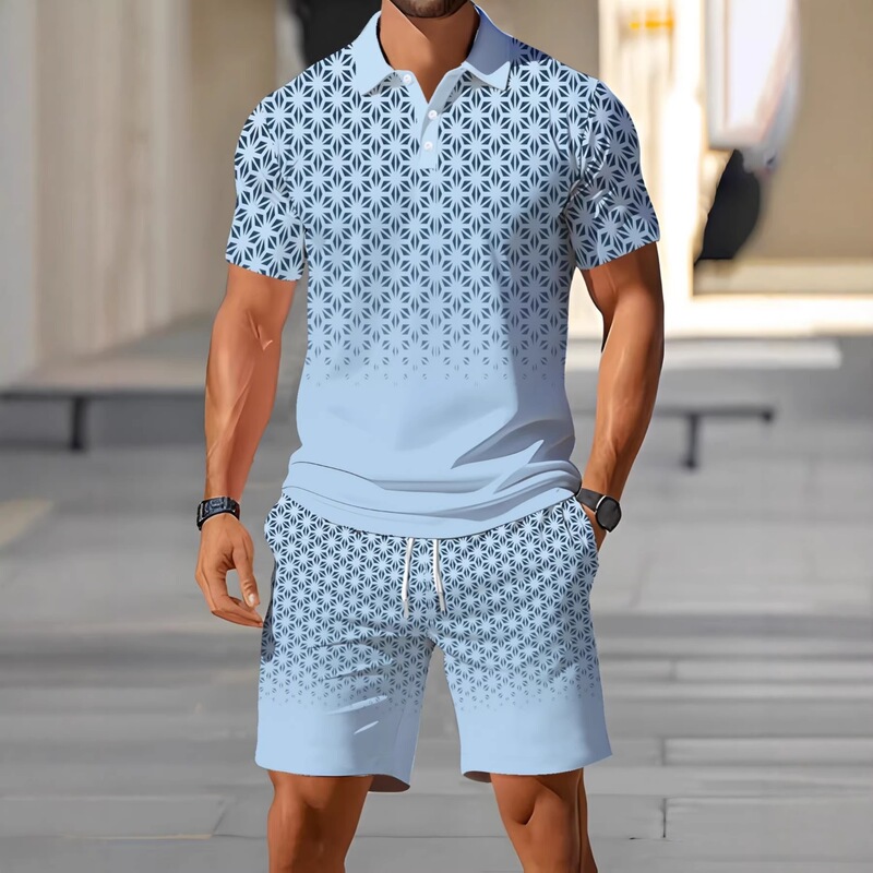 Casual Style Color-Block Striped Short-Sleeve Polo Men's Loose Shorts Summer Set