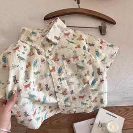 儿童衬衫短袖男2025夏季新款小童满印上衣宝宝卡通休闲衬衣女薄款