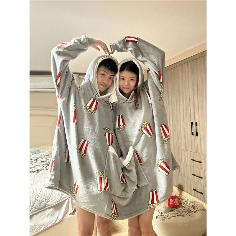 팝콘 가을과 겨울 새 커플 여자 친구 더블 한 조각 잠옷 친밀한 한 조각 후드 스웨터 느슨한 홈 옷