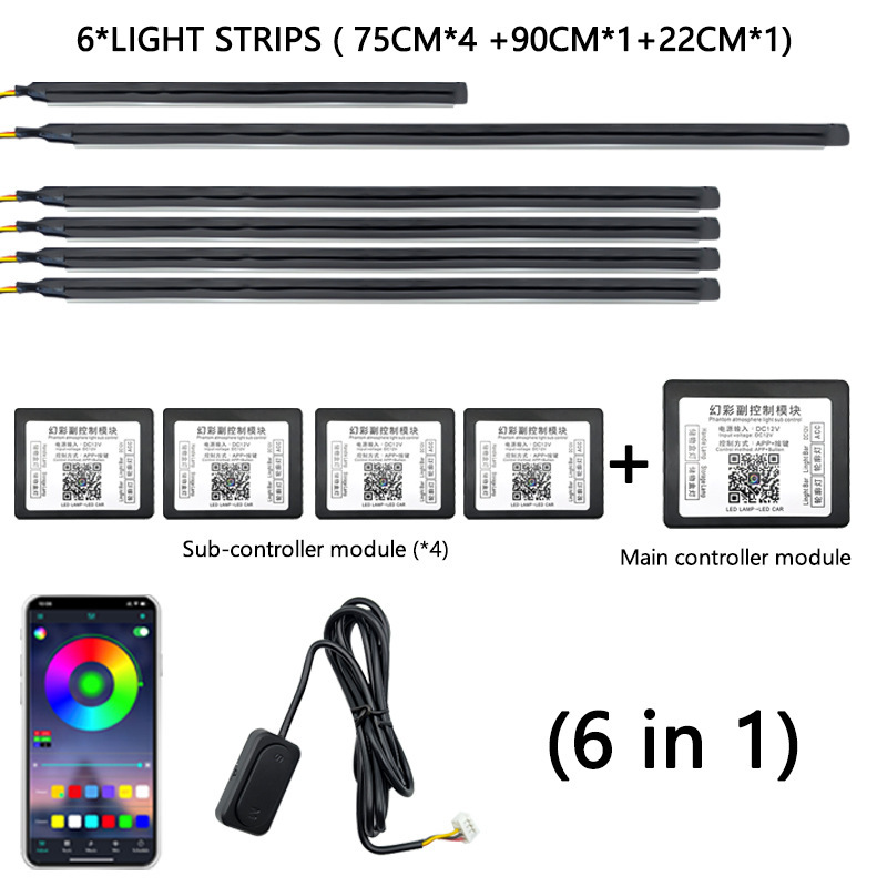 Automóvil todo el vehículo escondido luz de atmósfera universal sin cable roto APP de doble control de luz de atmósfera interior colorida luz decorativa LED