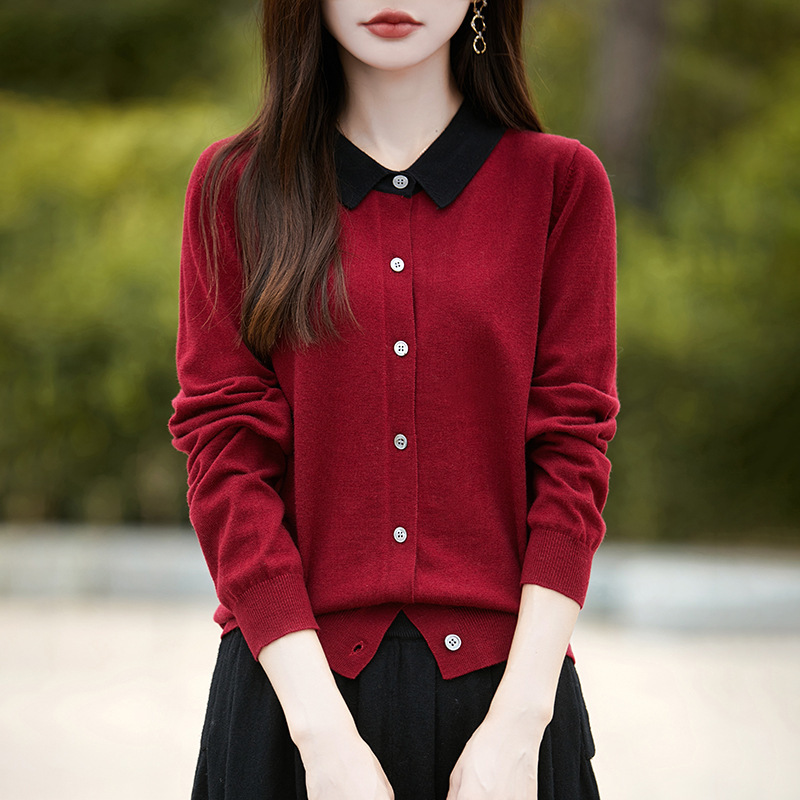 polo领女长袖针织开衫灰色衬衣时尚保暖打底上衣2025新款精纺毛衫|undefined