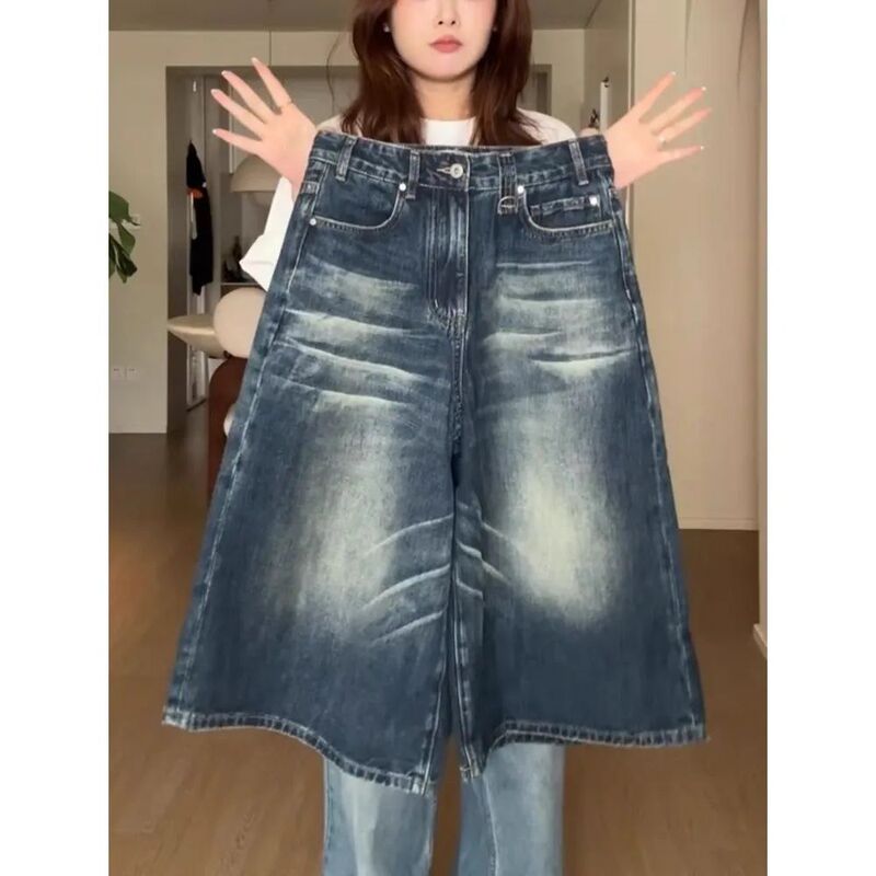 American Retro Washed Denim Shorts Summer New High-Waisted High Street Slimming Loose Straight Cropped Pants Mid-Length Pants
