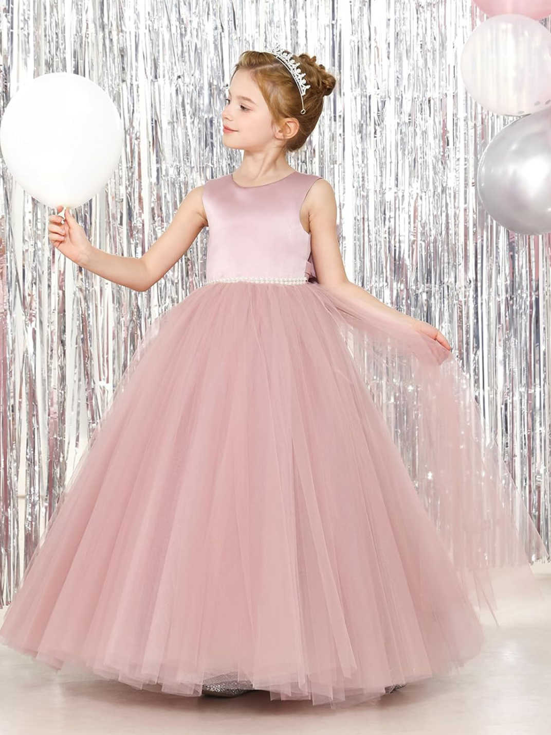 Nuevo europeo y americano transfronterizo vestido de novia de los niños sin mangas de malla de satén Rendimiento De Cumpleaños mullido mono vestido