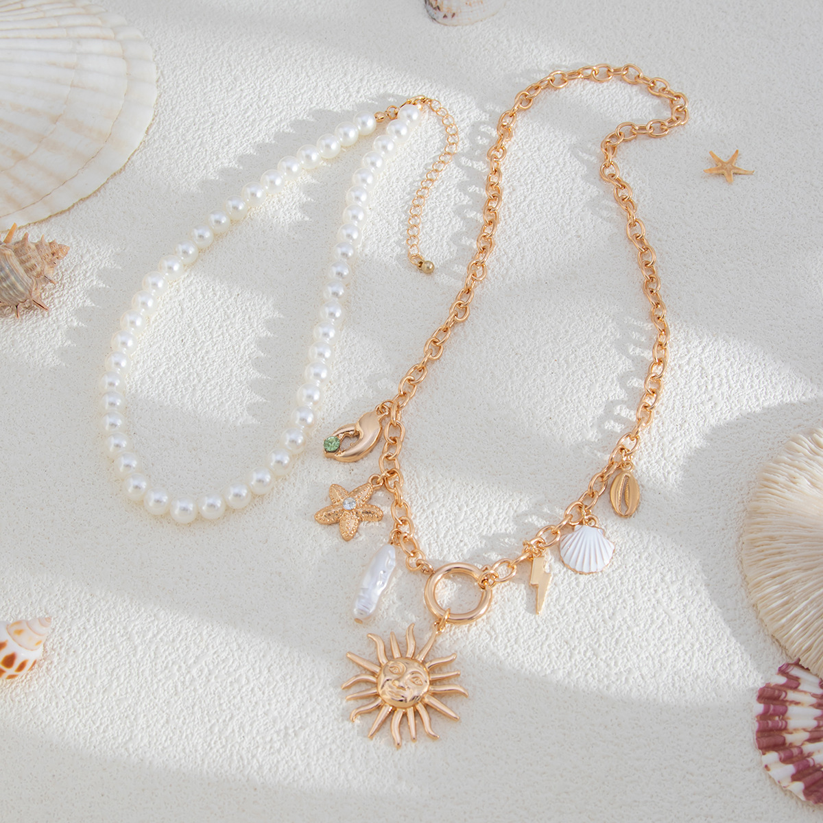 Women's Gender Hawaiian Starfish Imitation Pearl Alloy Copper Beaded Chain Beaded Necklaces Wholesale