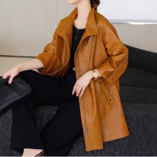 时尚绵羊皮皮衣女中长款2024新款宽松A字版海宁真皮单皮风衣外套