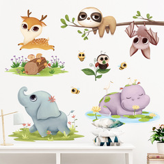 Sticker decoration for children's room walls - cartoon animal stickers, including elephants, hippos, and cute deer, with bat stickers