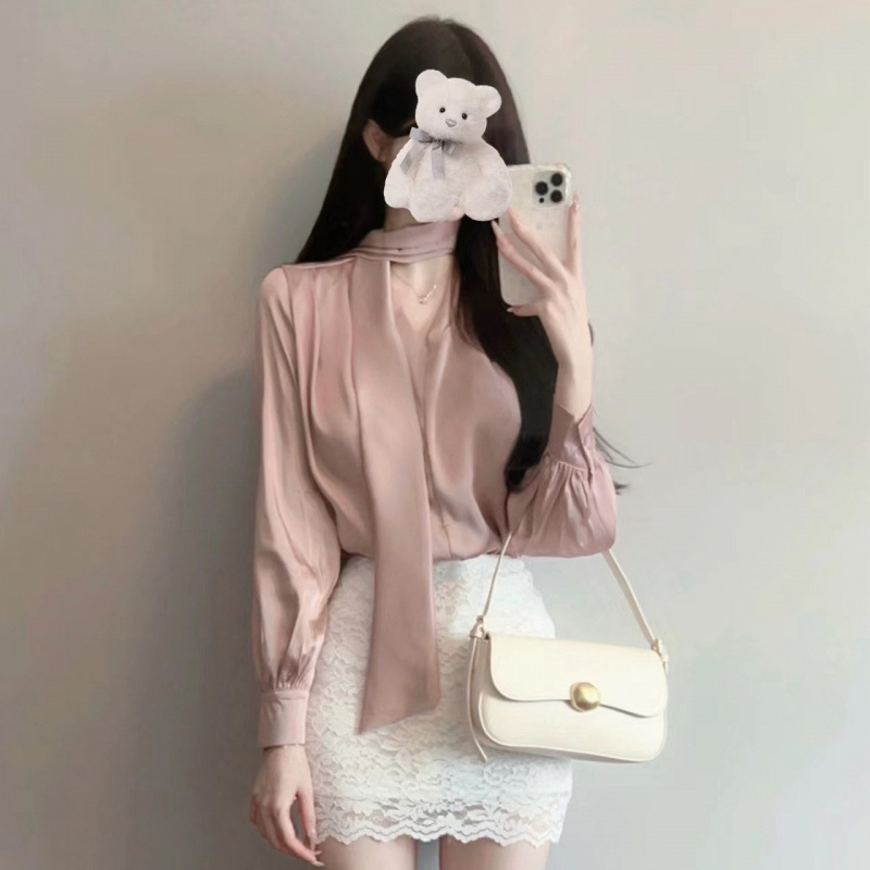 轻熟风套装裙系带衬衫纯欲金秘书飘带长袖上衣蕾丝包臀短裙两件套|undefined