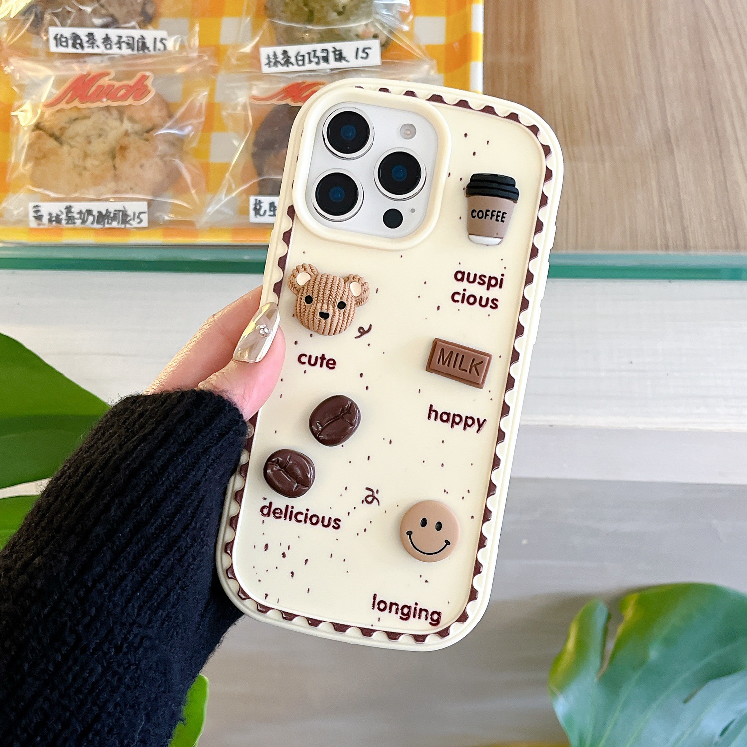 Oso de galleta tridimensional con salpicaduras de tinta estilo ins para iPhone 16/15ProMax funda para teléfono móvil 13 cadena Apple 14