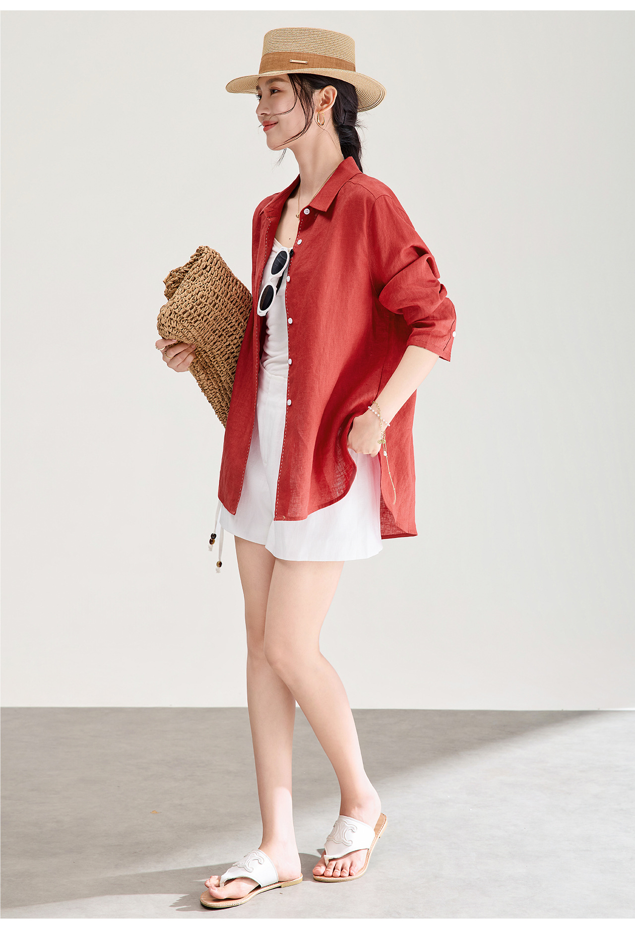Áo sơ mi nữ linen chất lượng cao, phong cách cổ điển thư giãn, dáng rộng mùa hè — Đỏ Vermilion chi tiết 14