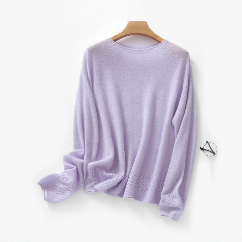 Velvet one-piece round-neck hollow-out knit sweater for women, seamless craftsmanship, light luxury, glossy, slimming, early autumn pullover top