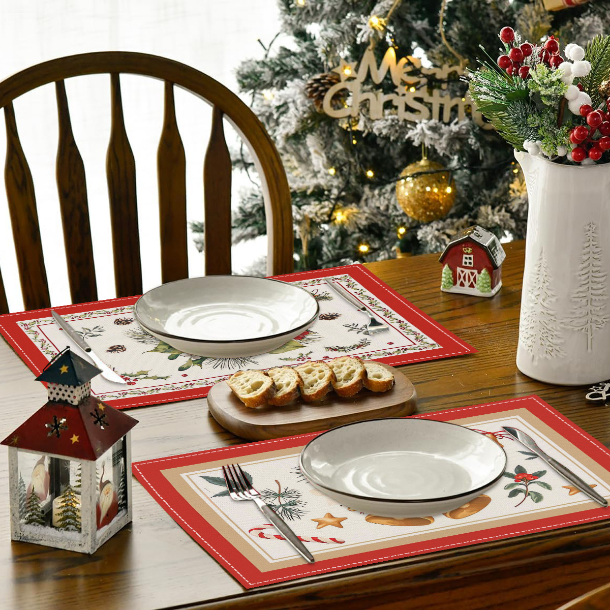 Home & Garden Christmas Tree Bell Printed Placemat Red Striped Plaid Linen Table Mat Christmas Party Decoration Insulation Mat_voghion.com