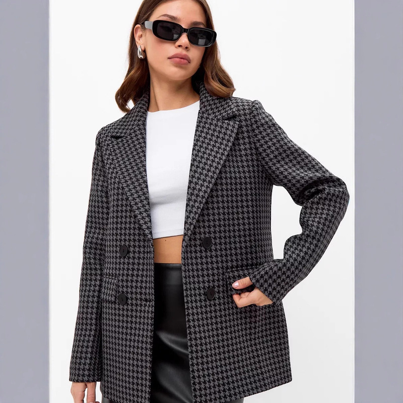 European and American Cross-Border Women's Loose Casual Long-Sleeved Autumn and Winter New Tops Houndstooth Small Fragrance Small Suit Jacket for Women