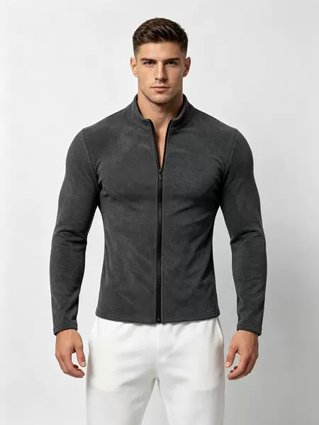 Cross-border best-selling sports zip-up long-sleeve men's double-sided fleece warm high-elastic fitness running casual jacket