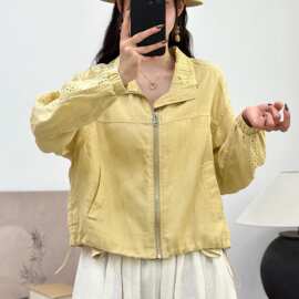 轻薄镂空休闲亚麻外套女2026秋季韩系减龄夹克短款抽绳防晒上衣