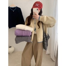 2025十三行拼色双拉链毛衣外套百搭圆领长袖粗针拉链毛衣显瘦女装