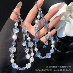 时尚玫瑰花爱心流苏手机链 女款流苏包包钥匙扣防丢水晶串珠挂绳